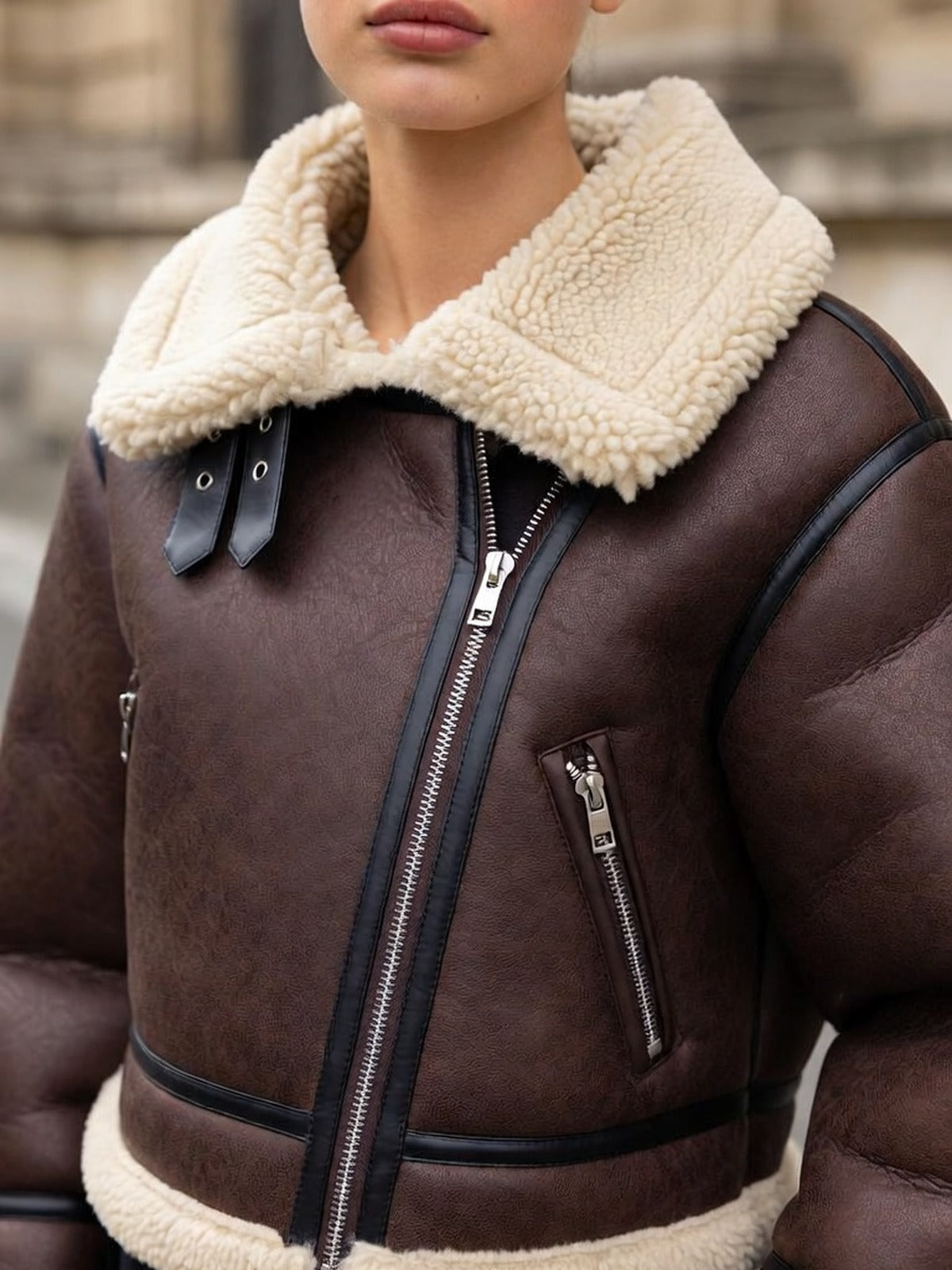 Women's Faux Leather Aviator Jacket – Cropped with Faux Shearling Collar