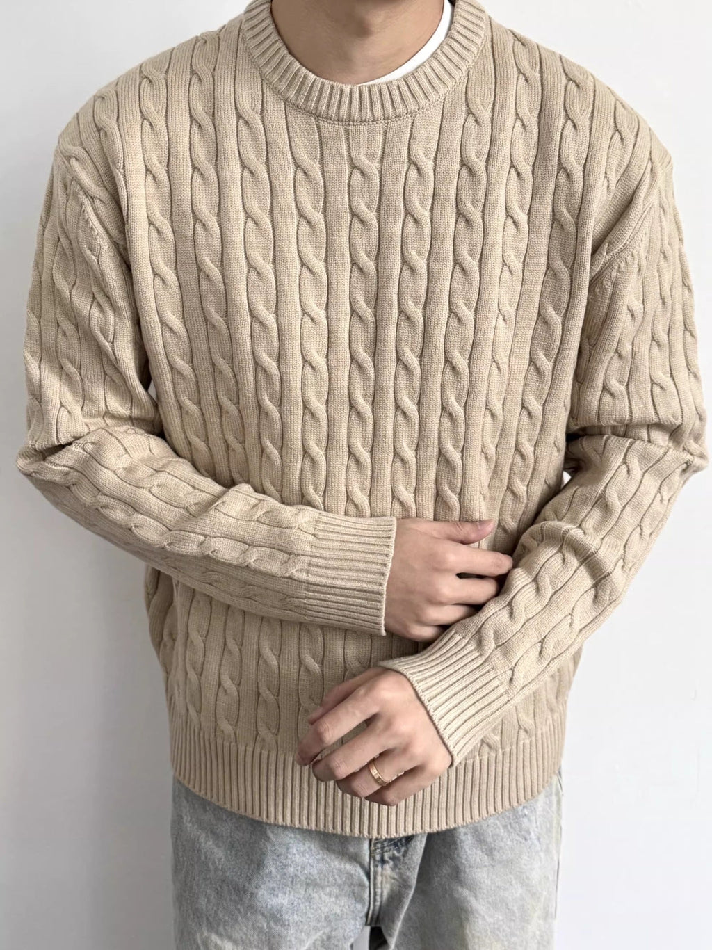 Men's Cable Knit Crew Neck Sweater – Loose Fit Long Sleeve Pullover