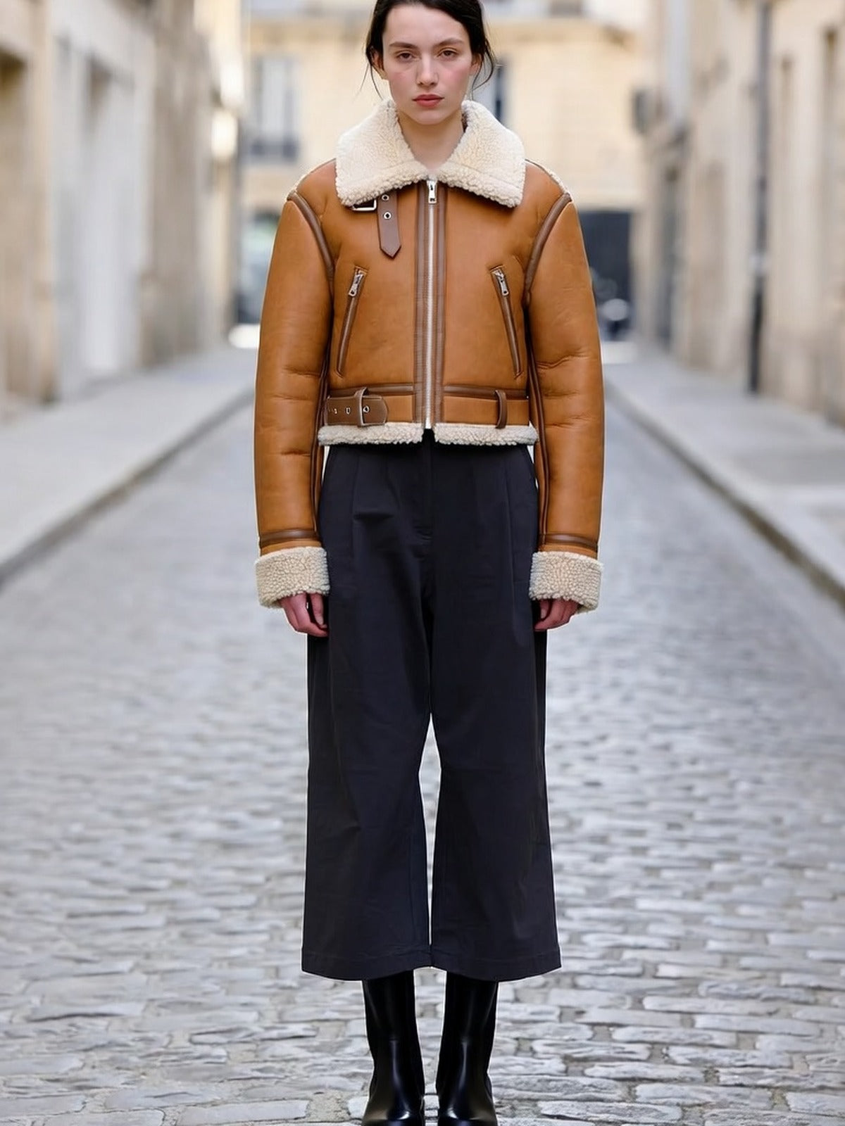 Women's Faux Leather Aviator Jacket – Cropped with Faux Shearling Collar