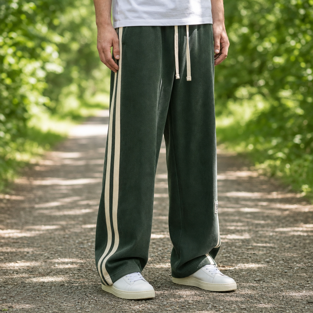 Men's Wide-Leg Corduroy Pants – Side Stripe Drawstring Trousers