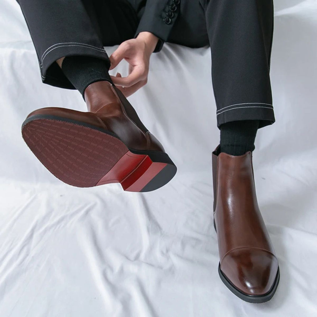 Men's Faux Leather Chelsea Boots – Slip-On Ankle Boots with Red Sole