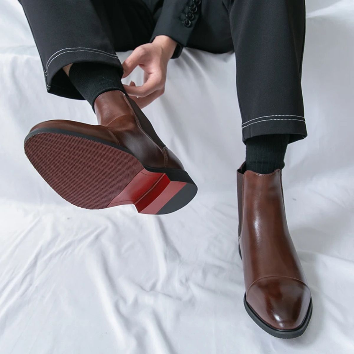 Men's Faux Leather Chelsea Boots – Slip-On Ankle Boots with Red Sole