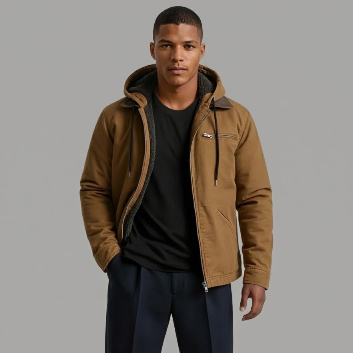 Men's Fleece Lined Hooded Winter Jacket – Full Zip Warm Outerwear