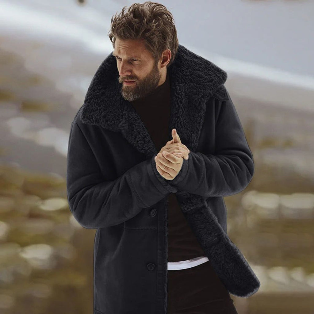 Men's Winter Overcoat with Shearling-Style Collar – Warm Lined Tailored Coat