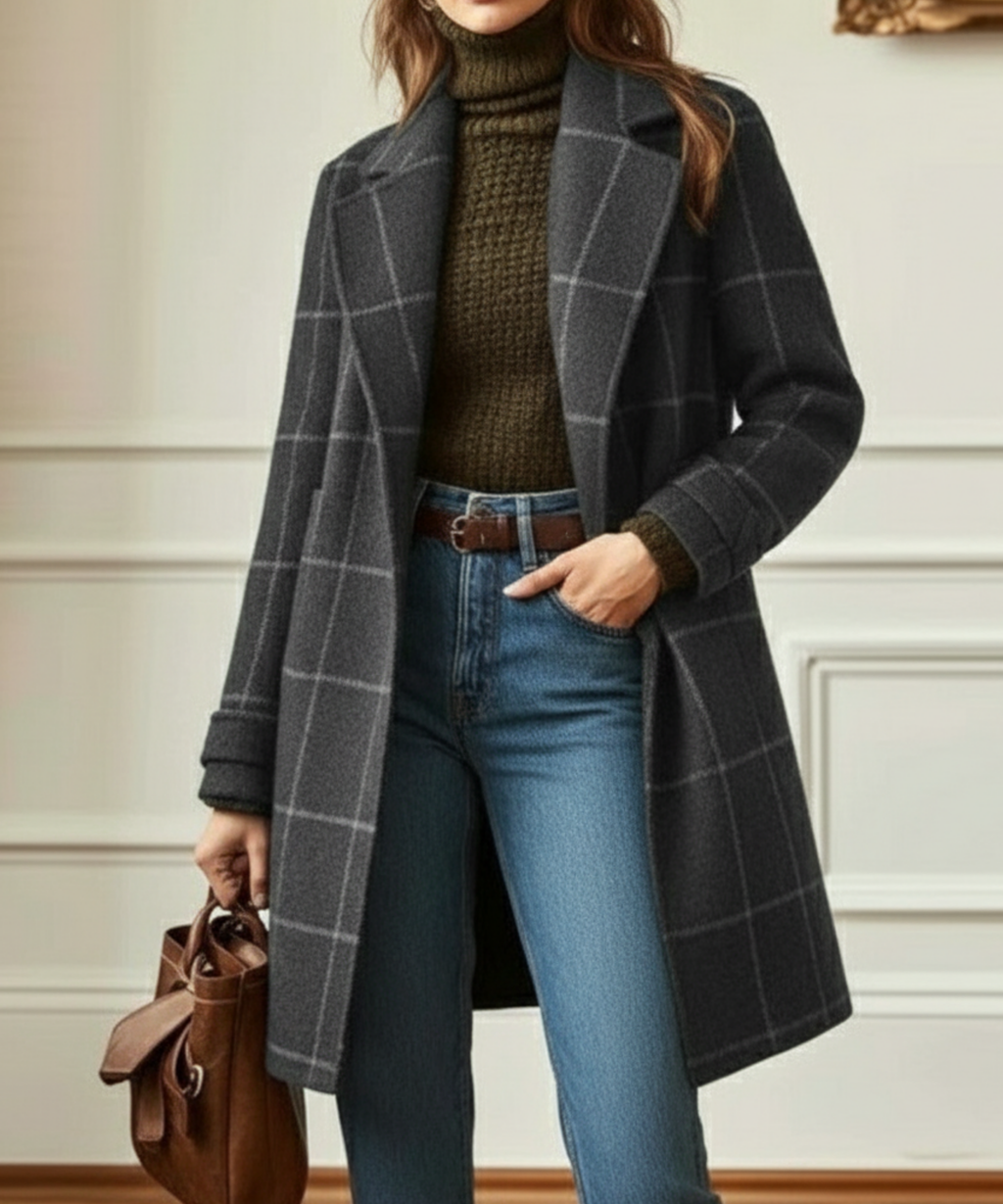 Women's Retro Check Tweed Coat – Wool Blend Lapel Collar Overcoat