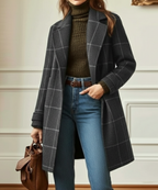Women's Retro Check Tweed Coat – Wool Blend Lapel Collar Overcoat