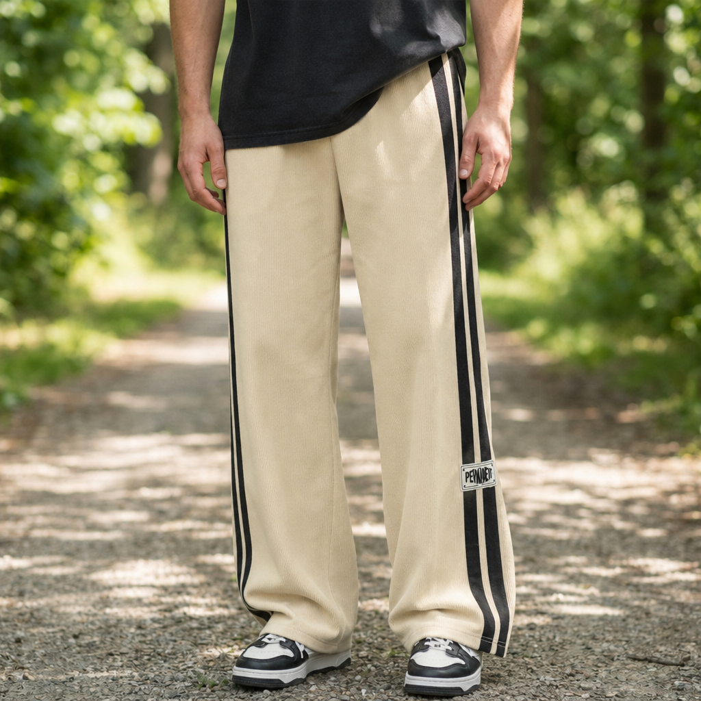 Men's Wide-Leg Corduroy Pants – Side Stripe Drawstring Trousers