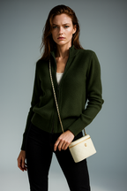 Merino Wool Zip Cardigan with Standing Collar, Double-Zip Closure and Ribbed Knit Texture