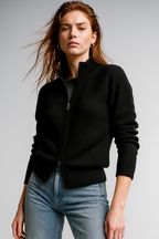 Merino Wool Zip Cardigan with Standing Collar, Double-Zip Closure and Ribbed Knit Texture