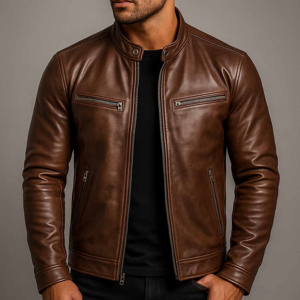 Men's Vintage-Look Biker Jacket – Classic Four-Pocket Moto Jacket