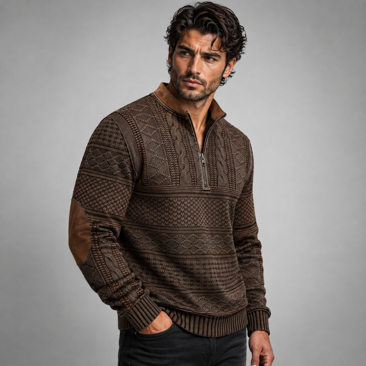 Men's Patterned Half-Zip Sweater – Knit Pullover with Elbow Patches