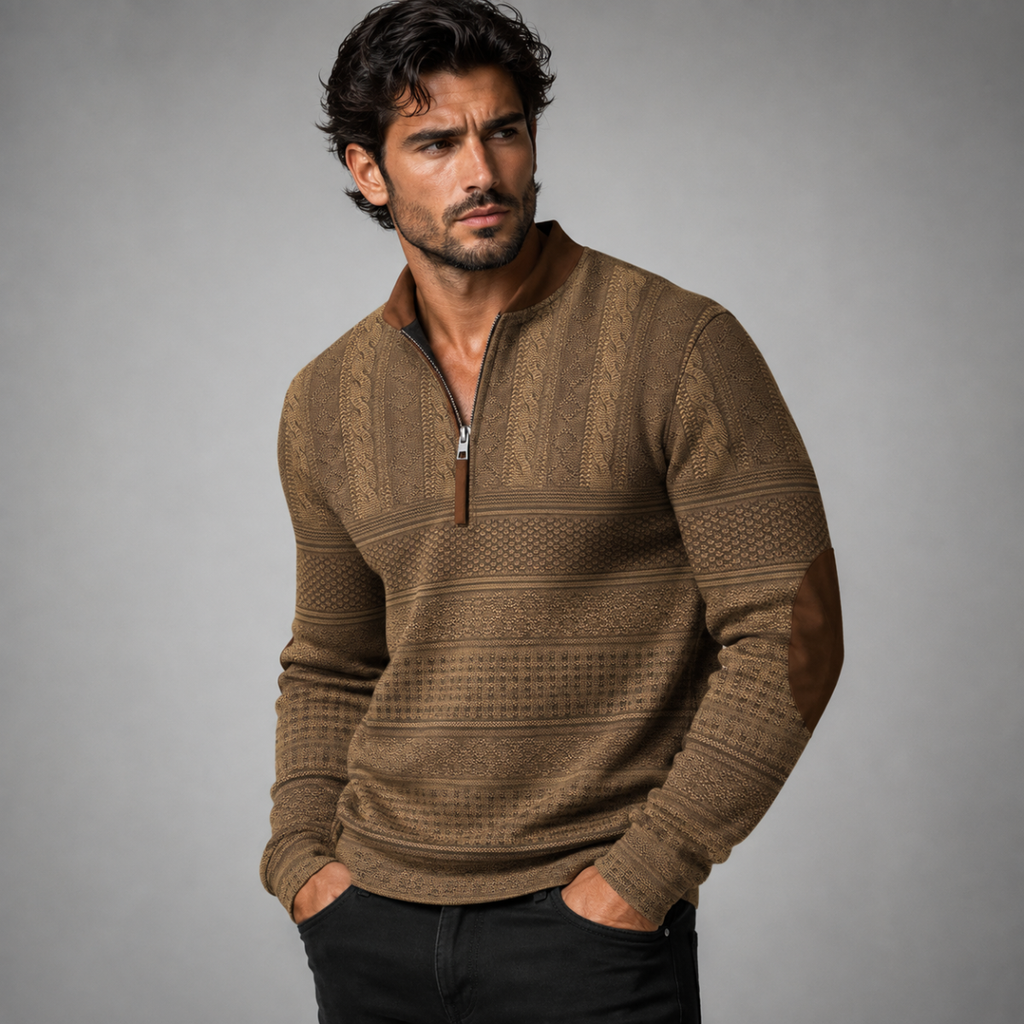 Men's Patterned Half-Zip Sweater – Knit Pullover with Elbow Patches
