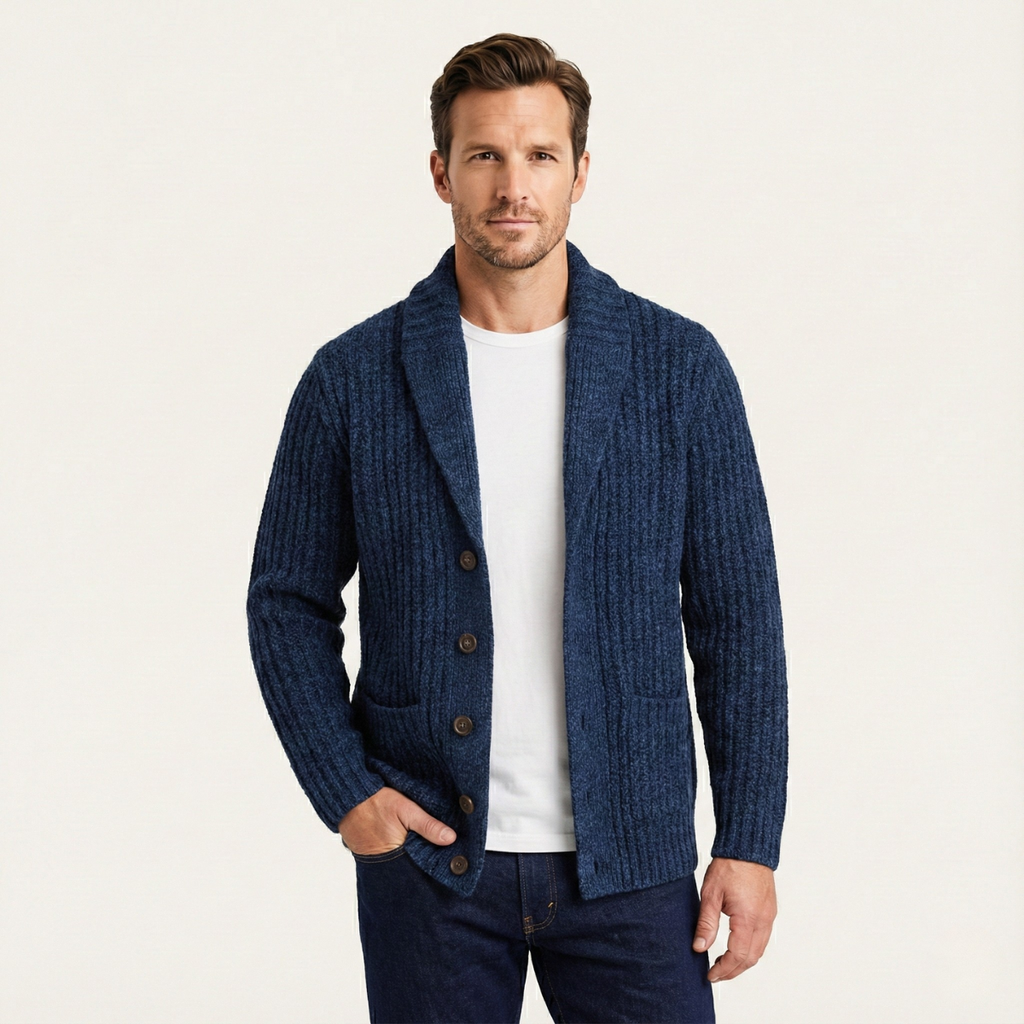 Men's Chunky Shawl Collar Cardigan – Heavy Cable Knit Button Sweater
