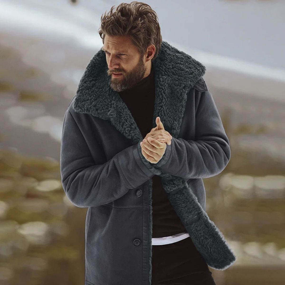 Men's Winter Overcoat with Shearling-Style Collar – Warm Lined Tailored Coat