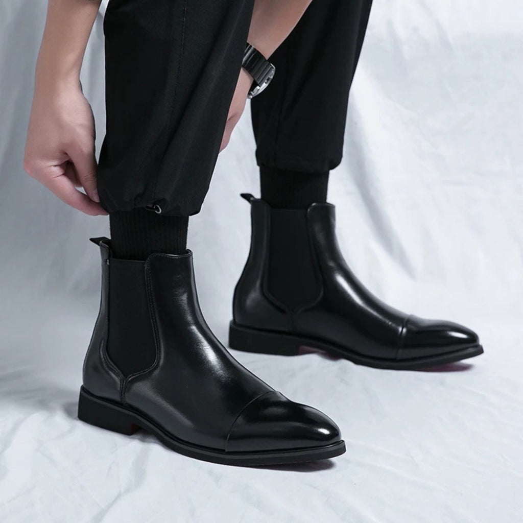 Men's Faux Leather Chelsea Boots – Slip-On Ankle Boots with Red Sole