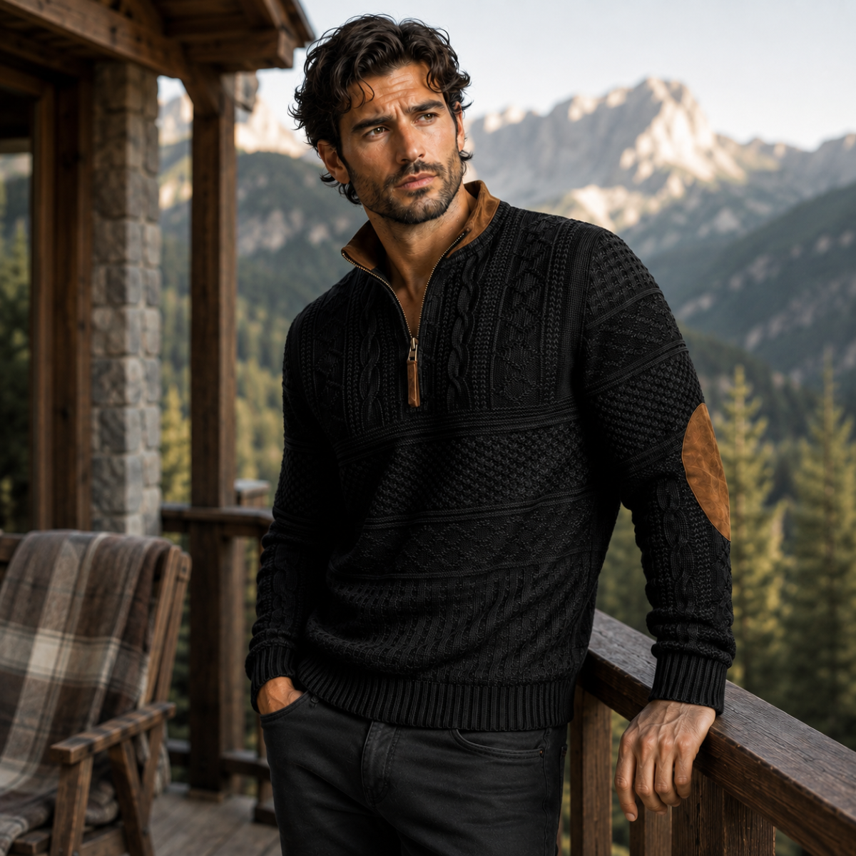 Men's Patterned Half-Zip Sweater – Knit Pullover with Elbow Patches