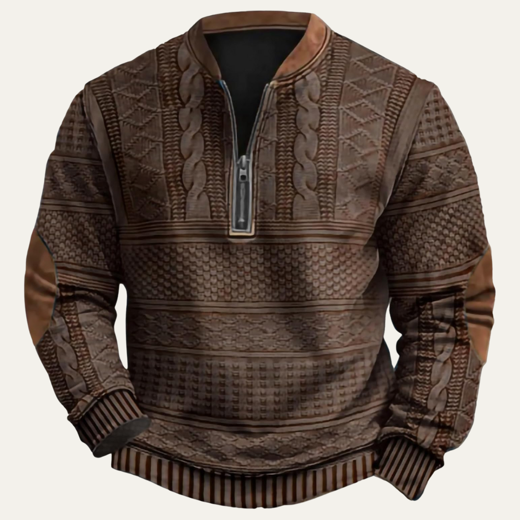 Men's Patterned Half-Zip Sweater – Knit Pullover with Elbow Patches