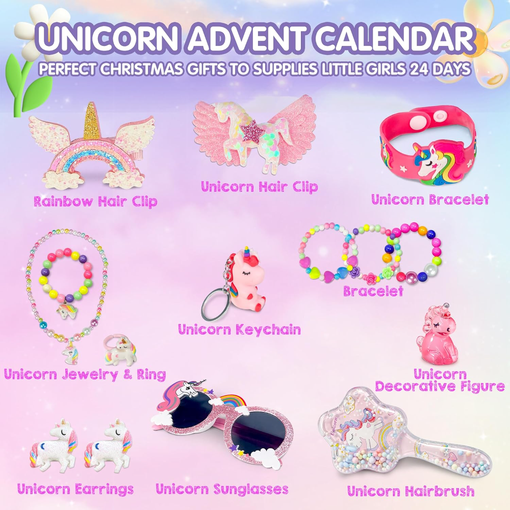 Lily | Kids Unicorn Christmas Advent Calendar with 24 Jewelry and Hair Accessories