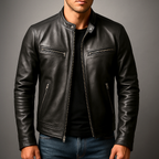 Men's Vintage-Look Biker Jacket – Washed Finish Zip Moto Jacket