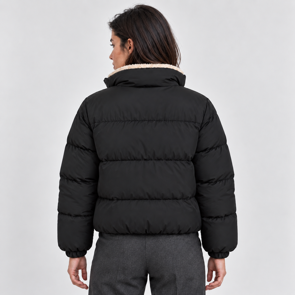 Women's Short Puffer Jacket with Sherpa Collar – High Neck Full Zip