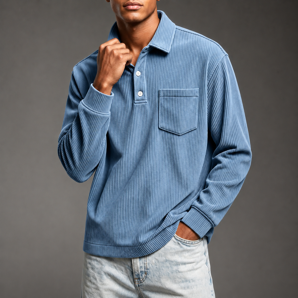 Men's Corduroy Long Sleeve Polo – Relaxed Fit Pullover with Chest Pocket