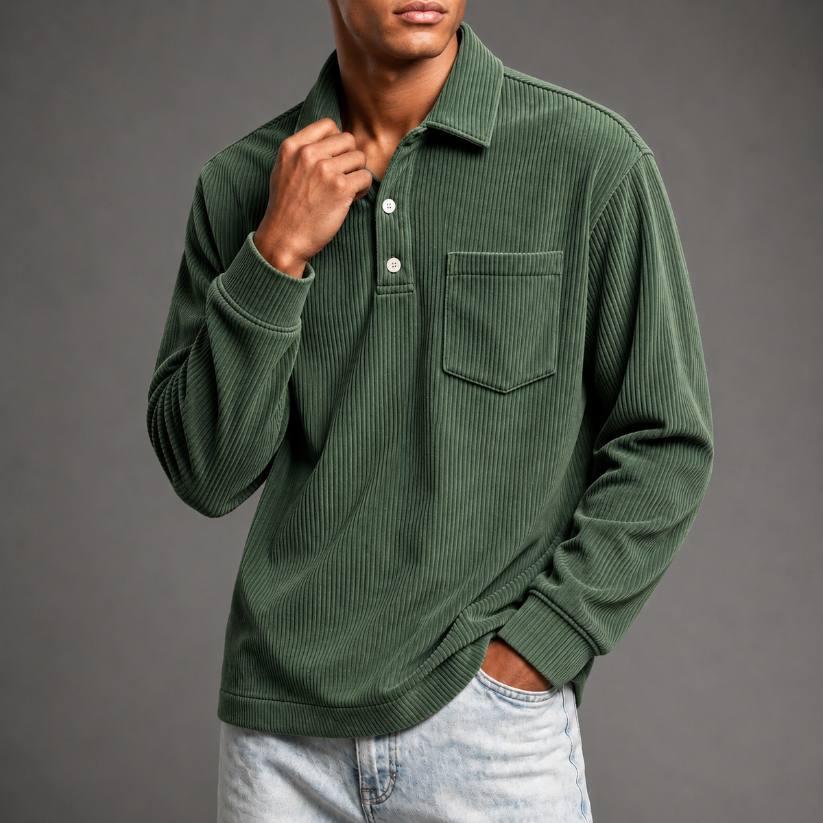 Men's Corduroy Long Sleeve Polo – Relaxed Fit Pullover with Chest Pocket
