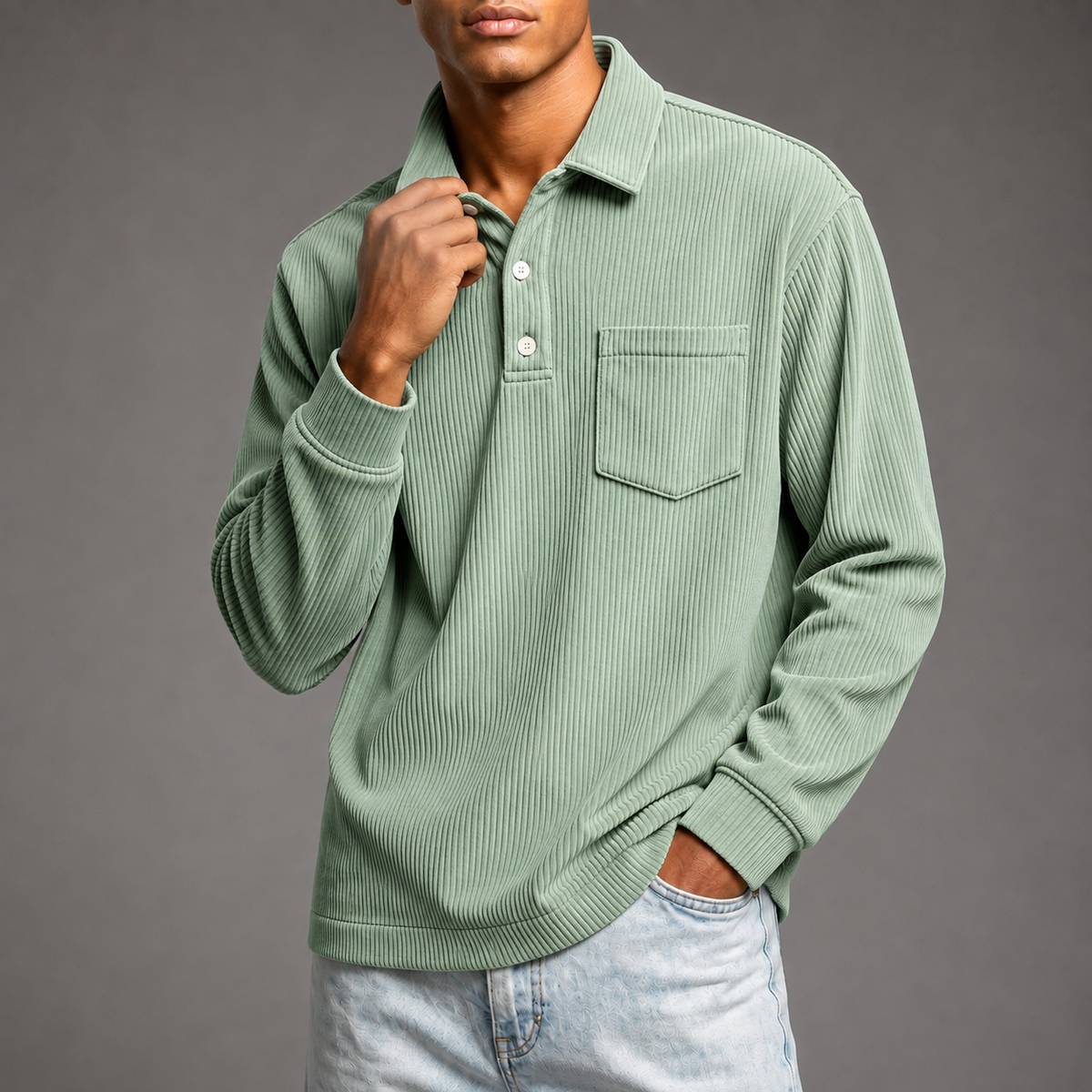 Men's Corduroy Long Sleeve Polo – Relaxed Fit Pullover with Chest Pocket