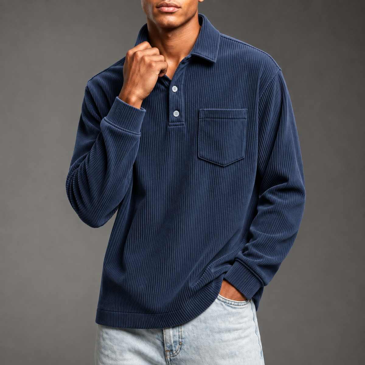 Men's Corduroy Long Sleeve Polo – Relaxed Fit Pullover with Chest Pocket