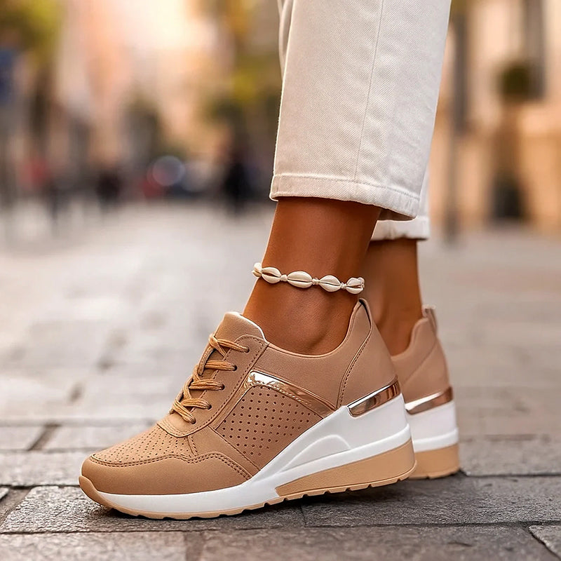 Women's Hidden Wedge Sneakers – Perforated Lace-Up Casual Shoes