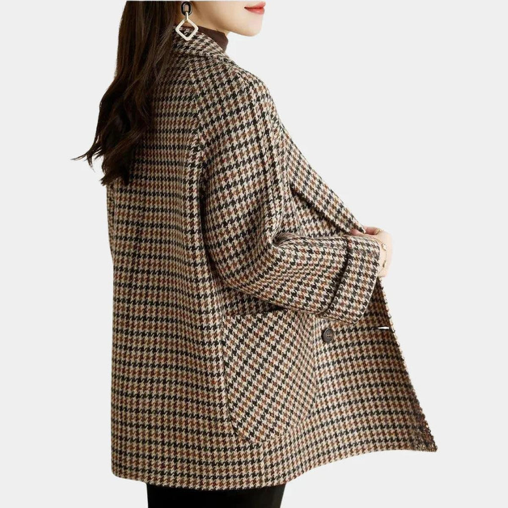 Women's Vintage Check Double-Breasted Coat – Structured Plaid Overcoat