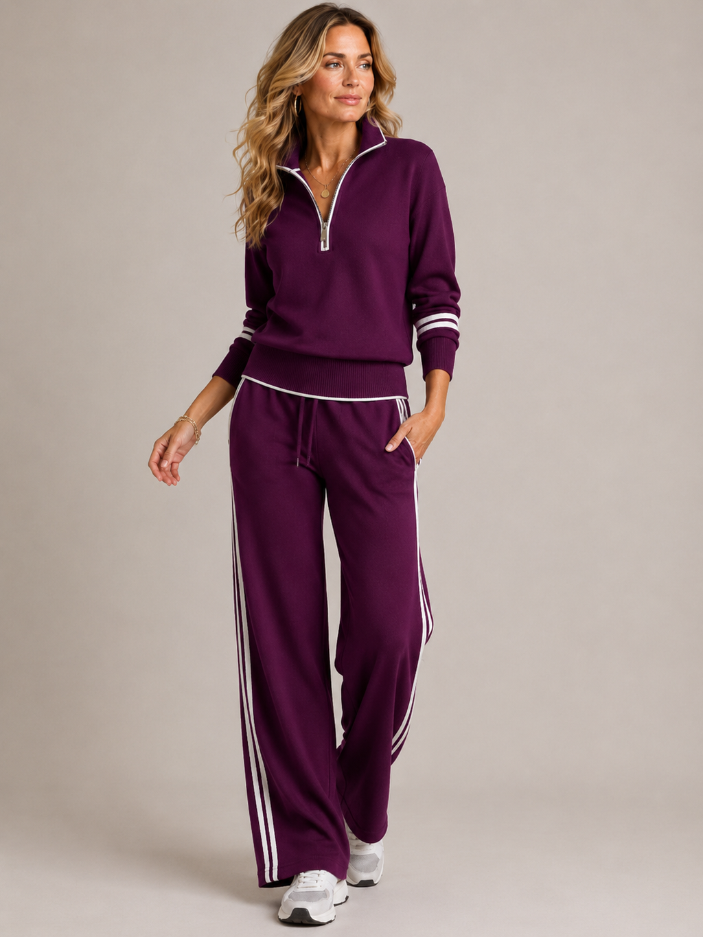 Women's Knitted Quarter-Zip Lounge Set – Two-Piece Top & Wide Leg Pants