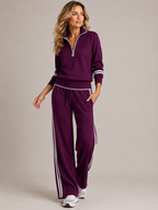 Women's Knitted Quarter-Zip Lounge Set – Two-Piece Top & Wide Leg Pants