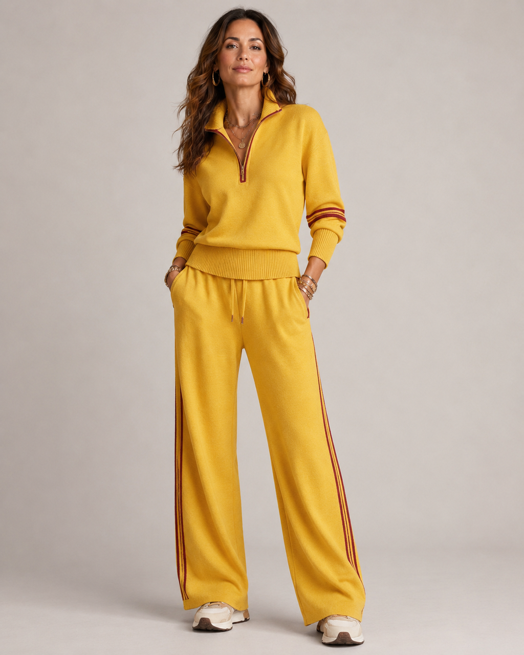 Women's Knitted Quarter-Zip Lounge Set – Two-Piece Top & Wide Leg Pants