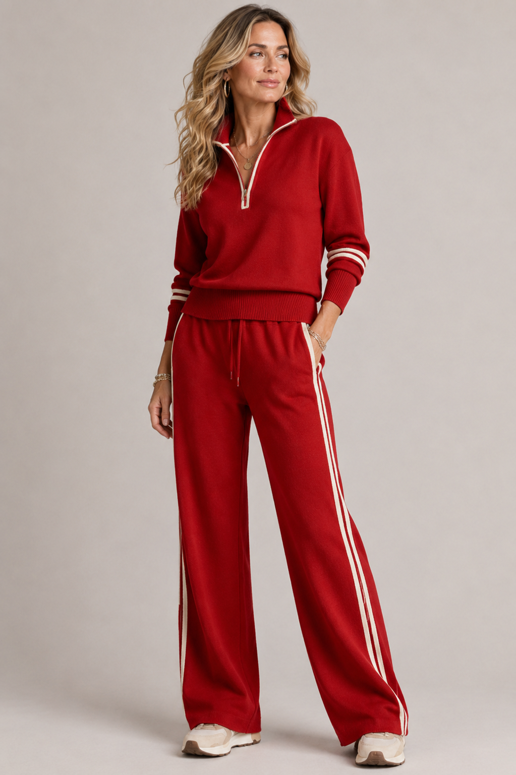 Women's Knitted Quarter-Zip Lounge Set – Two-Piece Top & Wide Leg Pants