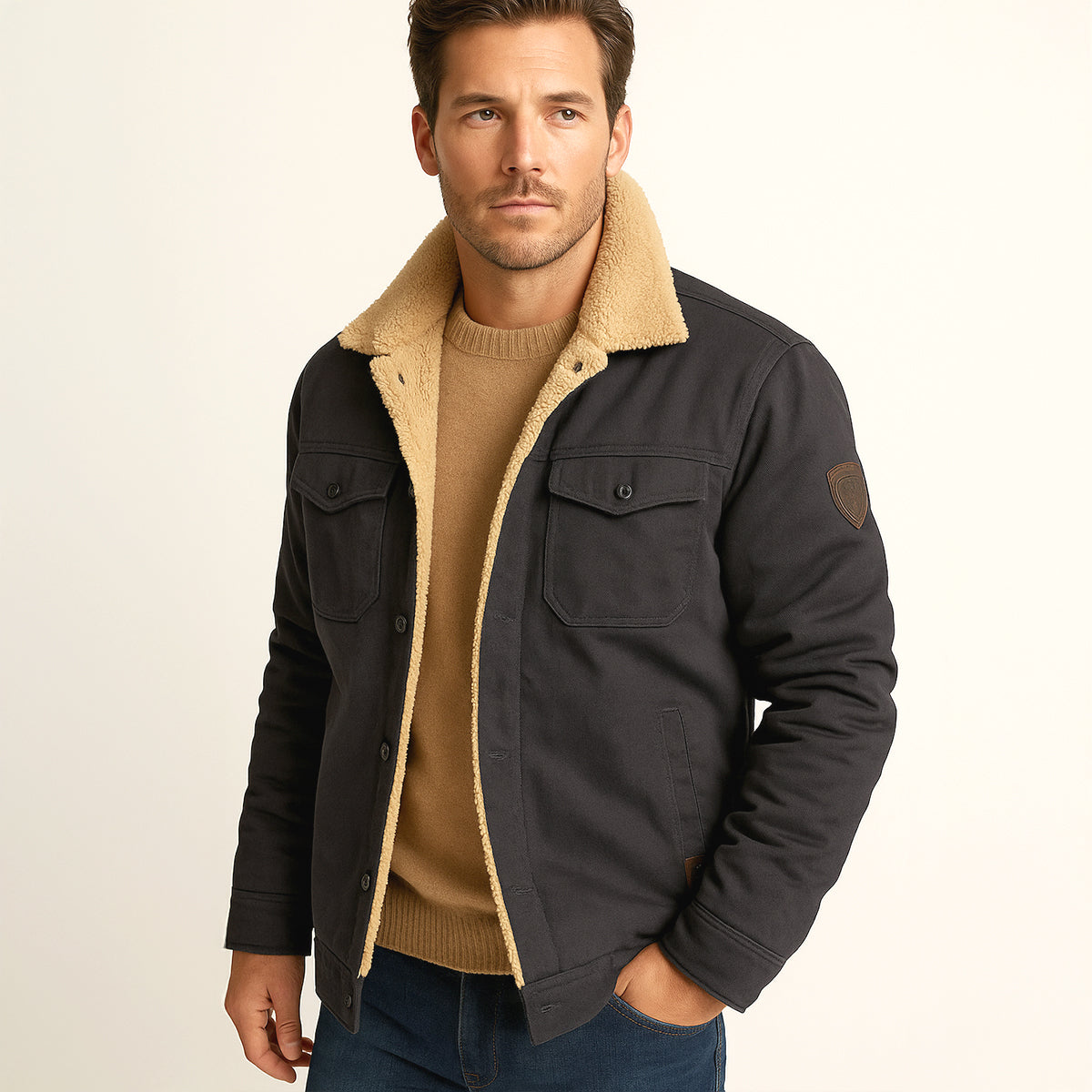 Men's Fleece Lined Button Coat – Warm Winter Jacket with Fleece Collar
