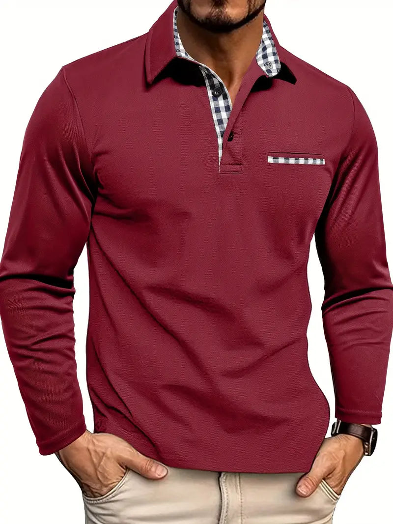 Men's Long Sleeve Polo Shirt – Contrast Collar Smart Casual Top