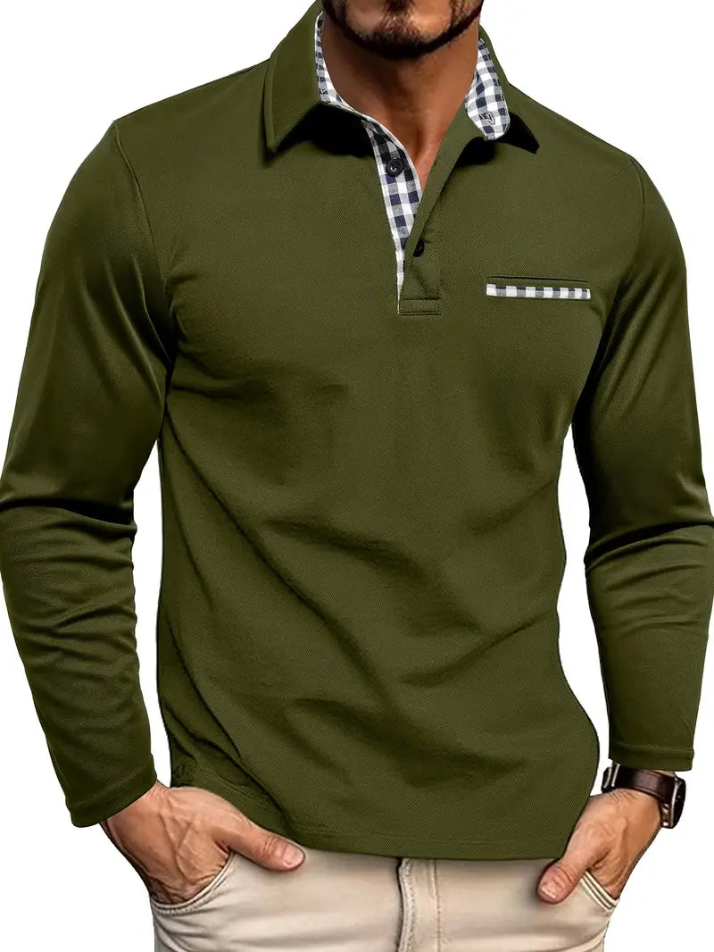 Men's Long Sleeve Polo Shirt – Contrast Collar Smart Casual Top