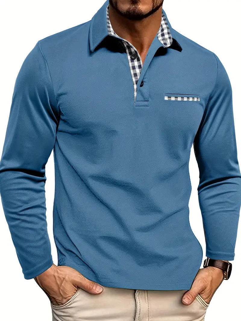 Men's Long Sleeve Polo Shirt – Contrast Collar Smart Casual Top