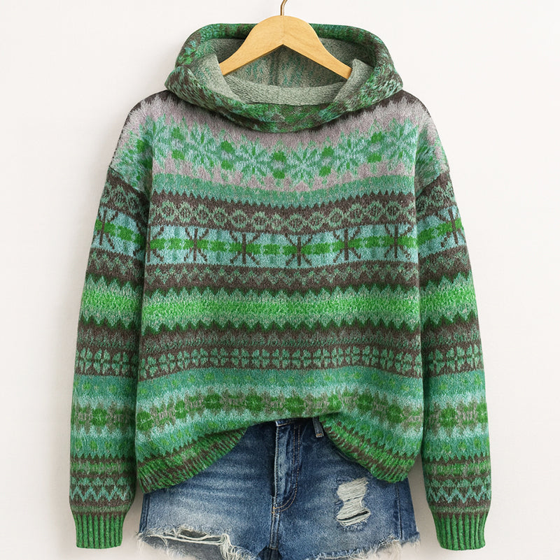 Women's Fair Isle Knit Hoodie – Cozy Patterned Pullover Sweater