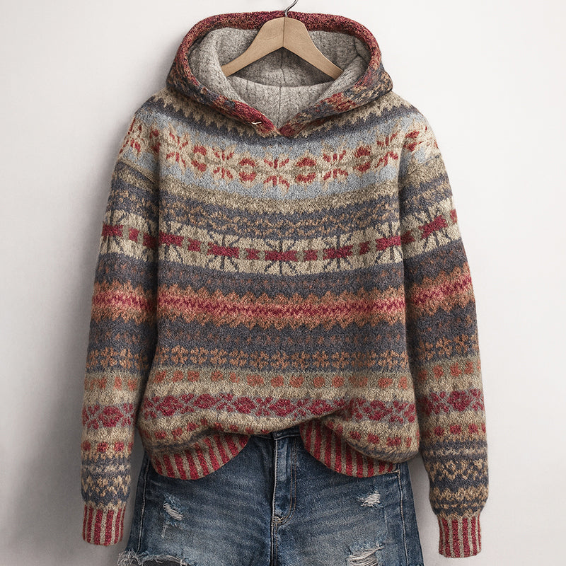 Women's Fair Isle Knit Hoodie – Cozy Patterned Pullover Sweater