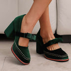 Women's Velvet Bow Loafers – Block Heel Slip-On Shoes