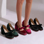 Women's Velvet Bow Loafers – Block Heel Slip-On Shoes