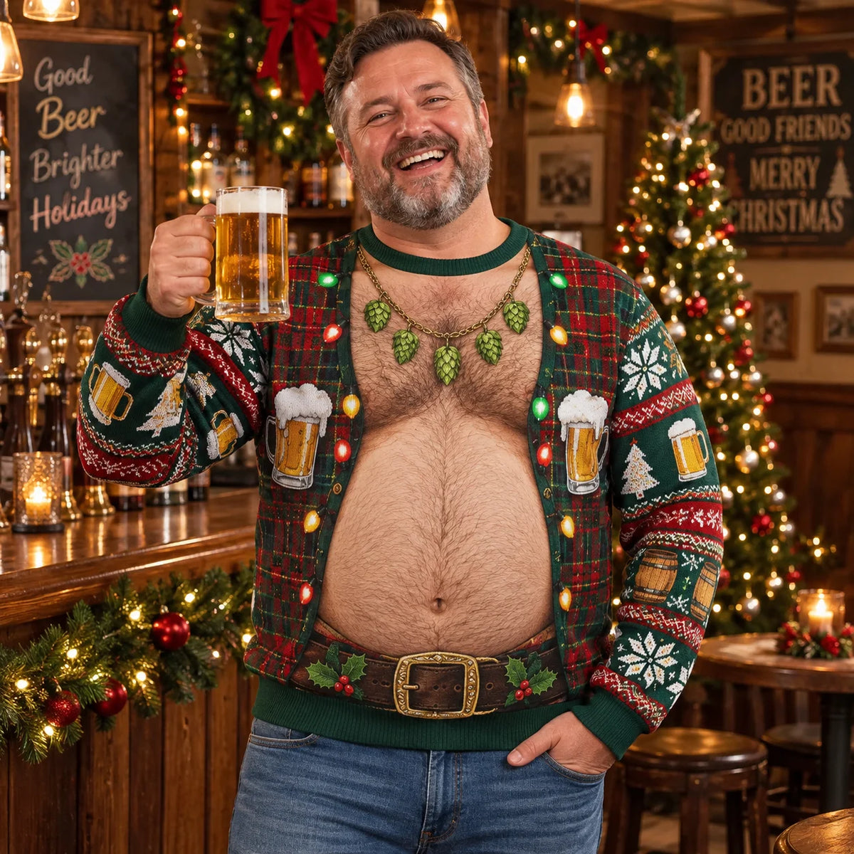 Hank | Men Beer Belly Print Ugly Christmas Sweater