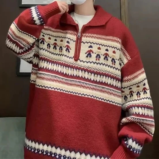 Rhett | Unisex Striped Zip Collar Christmas Knit Pullover