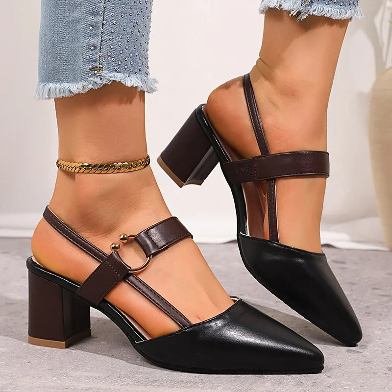 Women's Block Heel Pumps – Gold Ring Strap Detail Heels