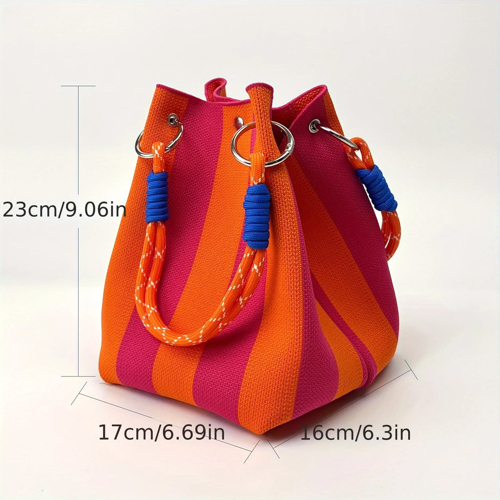 Women's Canvas Mini Bucket Bag – Rope Handle Colorblock Handbag