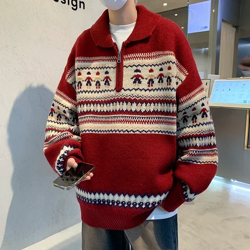 Rhett | Unisex Striped Zip Collar Christmas Knit Pullover