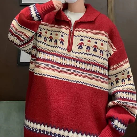 Rhett | Unisex Striped Zip Collar Christmas Knit Pullover