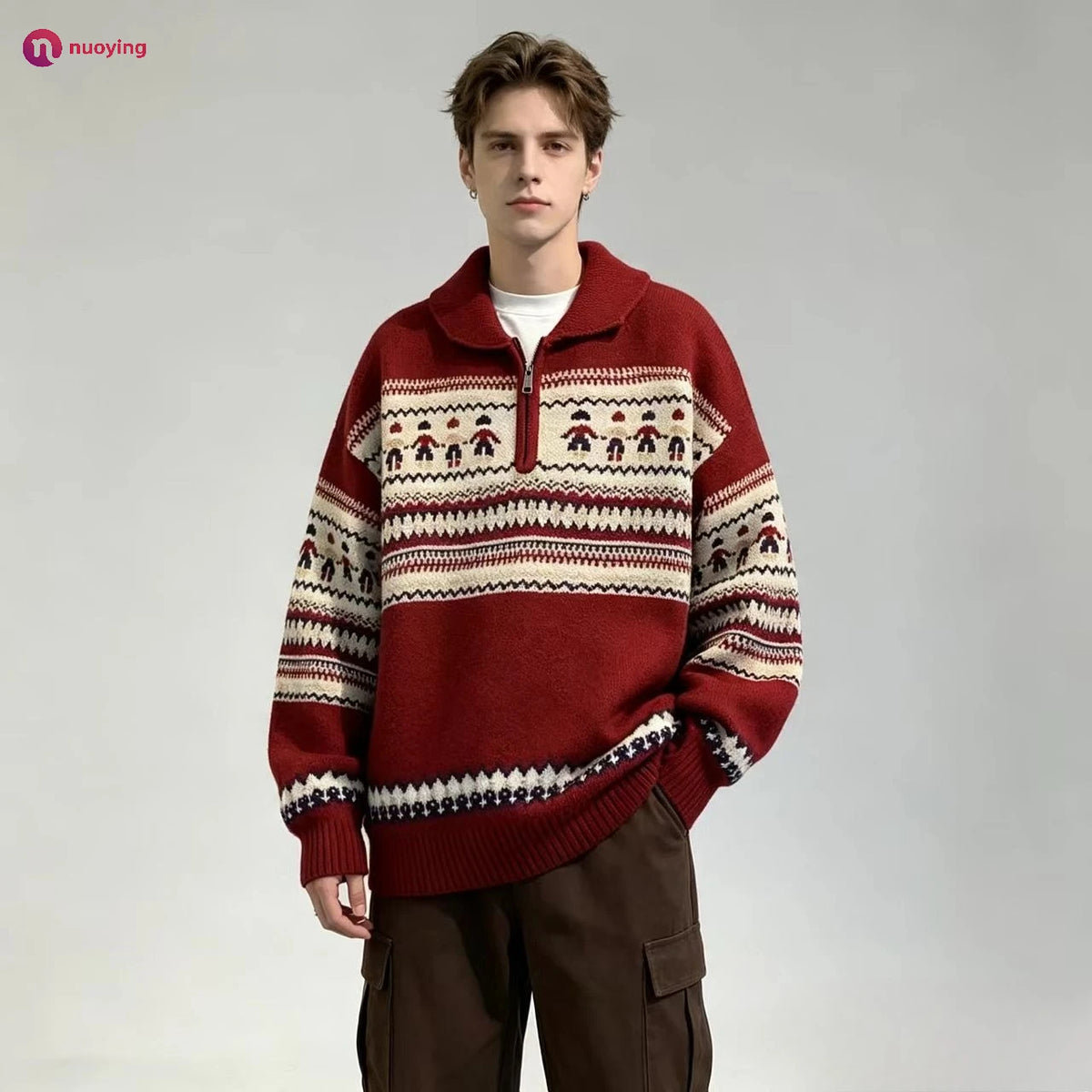 Rhett | Unisex Striped Zip Collar Christmas Knit Pullover
