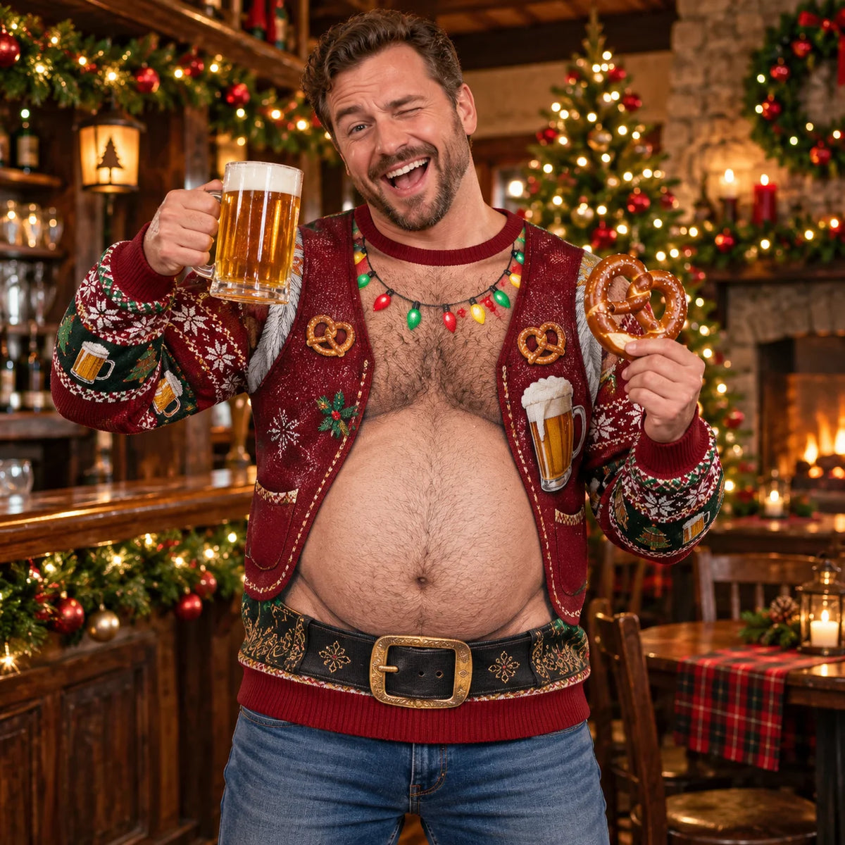 Hank | Men Beer Belly Print Ugly Christmas Sweater